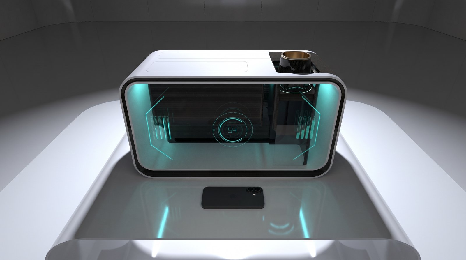 O Node ELISIR sobre uma bancada, sem tela, com um celular como interface